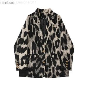 بدلات نسائية بليزرز American Retro Blazer Jacket Women Leopard Fashion Twched Tweed Warm Coats 2023 Autumn Winter Tide Streetwear C240410