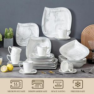 Piatti set di stoviglie Malacasa per 6 da 30 pezzi in porcellana e piatti di marmo con piatto di tazza di tazza per cena