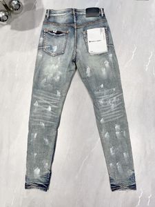 Calça feminina jeans de marca roxa 1: 1 com orifícios de pintura de rua High Bolos de qualidade Reparo de qualidade baixa jeans skinny