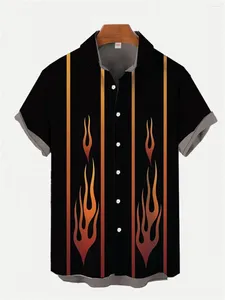 Camisas casuais masculinas 2024 Camisa de manga curta Hawaiian Beach Flame Print Lapela Top Grande Tamanho Logo