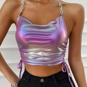 Kadın Tankları Camis Kadın Seksi Mahsul Top Holografik Wetlook Metal Zinciri Sling Camis Yan Çeken Kulüp Partisi Dans Top Festival Giyim Y2K J240409