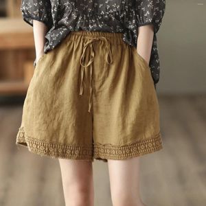 Kvinnors shorts retro ihålig krokblomma bomull och litterära spetsar casual byxor visar tunna rak kvinnors pyjamasuppsättning