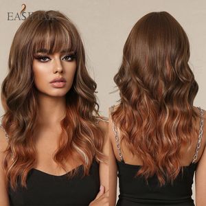 EASIHAIR Short Wavy Synthetic Wigs Ombre Brown Orange Copper Shoulder Length Hair Wigs with Bangs for Women Daily Heat Resistant 240409