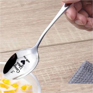 Spoons Stainless Steel Spoon Portable Smooth Meal Dessert Dinner Long Handle Grade Lettering Anniversary Gift Drop Delivery Home Gar Dhfcb