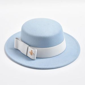 Fedora Hat for Women Elegant Fashion Formal Wedding Decate Church Cap Flat Top Bow Party Jazz Hat Chapeau Femme 240322