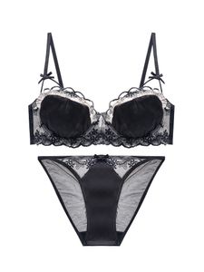 Sexy Underwired Ultra-Thin Lingerie Set Gathering Big Breasts Showing Small Satin Lace Half Cup Hollow Bra Panty Suit