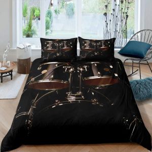 Blue Drum Kit Duvet Cover Set Microfiber Rock Roll Pop Music Twin Bedding Set Musical Instrument Glitter Lines Comforter Cover