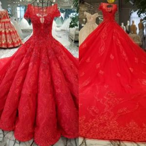 Red Lace Ball Gown Wedding Dresses Hot Hollow Back Bridal Gowns Capped Sleeves Sweep Train Bling Wedding Dress