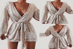 Sexy Women Playsuit Sequins Long Sleeve Bodycon Jumpsuit Female Romper Solid Color Lady Jumpsuits Womens Clothing Party Playsuit7392486