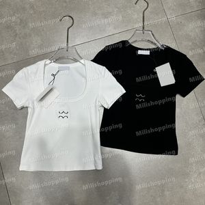 女性ニットティーデザイナー刺繍入りトップ半袖Tシャツ通気性プルオーバーレディーススポーツトップス