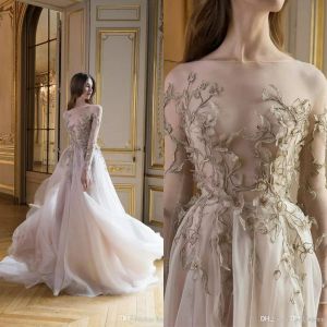 Elie Saab Новые иллюзии вечерние платья линия длинные рукава чистая шея 3d цветочное аппликация длина пола на заказ