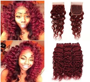 Cheap Peruvian Burgundy Hair Bundles with Full Lace Closure Wine Red 99J Water Wave Virgin Human Hair Weaves Wet Wavy With Closure1564795