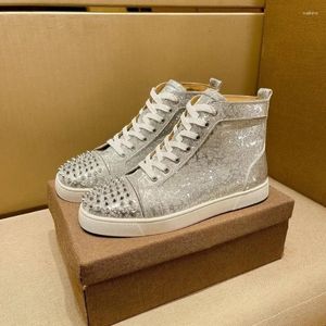 Casual Shoes Luxury Men's Designer Spikes Leather Laser White Diamond High-Top Men and Women Coar