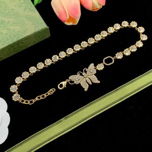 G Gold Plated Butterfly Diamond Crystal Stainless Steel Double Letter Choker Pendant Necklace Beads Chain Jewelry