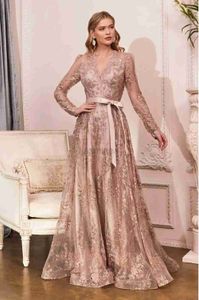 Urban Sexy Dresses Elegant Rose Gold Mother of the Bride Dresses Bow Belt V-Neck Illusion Long Sleeve A-Line and Floor Length Banquet Mom Gowns 24410