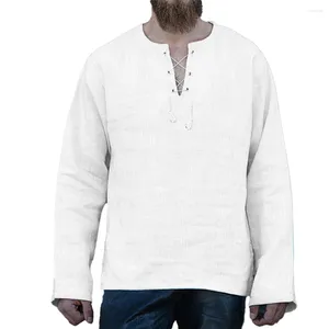 Mäns T -skjortor Stylish V Neck Pet Lace Up Casual Shirt Tee For Men Retro Baggy Tops BLOUSE Design Långärmad färgalternativ