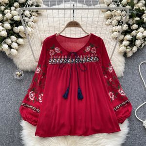 Ethnic Style Top Womens spring Vintage Heavy Embroidered floral Puff Sleeve Loose Allmatch pullover shirt blouse 240319