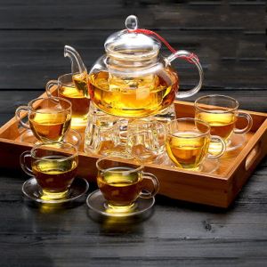 Alles fertig elegante Glas -Tee -Set Borosilikatglas Teekanne mit Tassen Bambus Tee -Tablett Tee Wärmer Glas Teekanne Geschenkset