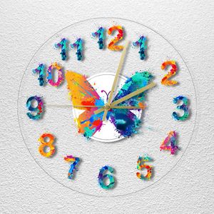 Números coloridos relógio de parede moderno aquarela pintando arte de borboleta pendurada cronômetros giclee fine art art de impressão silenciosa relógio de parede silencioso