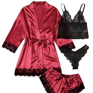 Kvinna Sleepwear 4st Floral spets trim satin pyjamas set med mantel sexig faux silk pijamas mantel sätter avslappnade hemkläder nattkläder