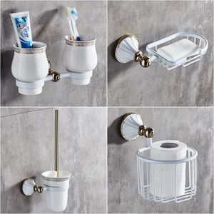 Bathroom Accessories Set, Gold and White Paper Holder,Towel Bar,Soap basket,Towel Rack,Glass Shelf,Hooks bathroom Hardware set