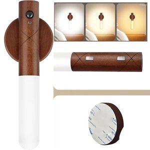 Vägglampa inomhus trä sconce 3 färger dimbar USB laddningsbar rörelse sensor trådlöst ljus för sovrum trappkök