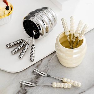Gabeln Perle Fruchtgabel Heimdessert Premiumgefühl Edelstahl Aufbewahrung Jar Stick Einsatz Set leichter Luxus mit Keramikdose Salat