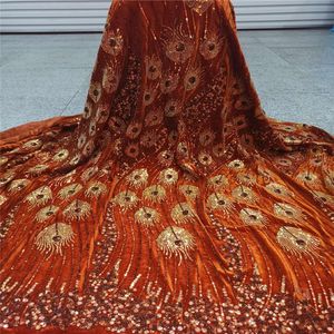 African French Velvet Lace Fabric 2020 Orange High Quality Velvet Lace Nigerian Sequence Net Lace Material for Women Dress