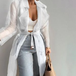 Net Yarn See Through Shirt Coat Spring Summer Lace-up Long Shirt Temperament Beach Coat Lapel Loose Pure Color Long Coat