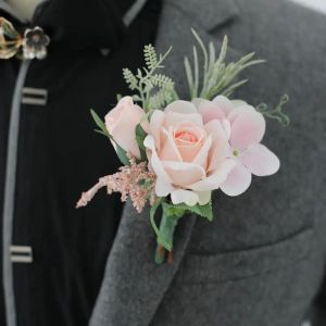 ベージュ・ブトニエレス花人工バラシルク白いコサージュボタンホールの花groommen boutonniere for men weddingアクセサリー