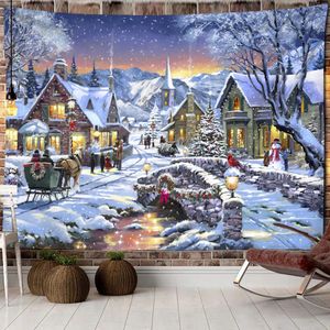 クリスマスウッズスノーシーンタペストリーウォールハンギングニューイヤーギフトエルクボヘミアンスタイルベッドカーテン寮の家の装飾