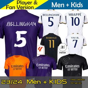 Mbappe Bellingham Real Madrids Soccer Jersey 23 24 25 Y-3 Kids Kit 2023 2024 Home Away Away 3番目のY3フットボールシャツCamiseta Rodrygo Vini Jr Plus Size S-XXL Purple Black