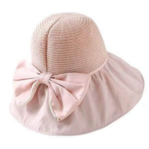 Summer Women Bucket Hat UV Protection Sun Hats Solid Color Soft Foldable Wide Brim Outdoor Beach Panama Cap Ponytail Caps240410