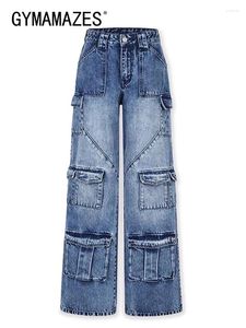 Jeans da donna ginnastica ginnastica colorblock patchwork tascabile patchwork cargo per donne con la vita alta abbottonatura streetwear dritta femmina moda