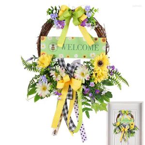 Decorative Flowers Spring Door Wreath Welcome Wooden Sign With Garland Artificial Flower Bow Eucalyptus Wreaths