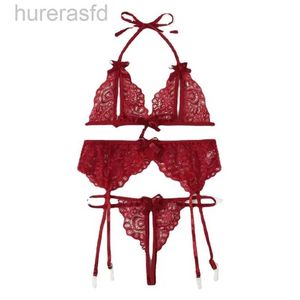 Bras Hot Sale Sexy Spitze Schmetterling BH Unterwäsche Strumpfbikini dreiteils Set ausgehöhltes Spitzen -BH und Slip Set Damen Fun Dessous 240410