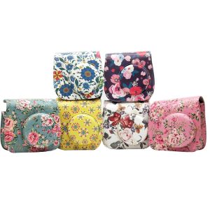 Camera Flower PU Leather Camera Case Bag for Fujifilm Instax Mini 9 8 8 plus Instant Film Camera with Accessories Pocket and Strap
