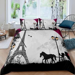 Eiffel Tower Cull Cover Zestaw Queen Size Grey Vintage Romance Paris France Pedding Zestaw Starego gazety w stylu poliestrowym okładka Polish