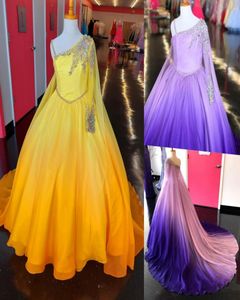 Ombre Purple Girl Pageant Dresses 2023 Cape Crystals Beading Chiffon Ballgown Little Kids Birthday Long Sleeve Formal Party Wear G1161019