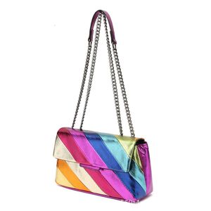 Bolsa feminina do arco -íris com corrente contrastante de splicing de cores, bolsa de ombro único, bolsa, shiling