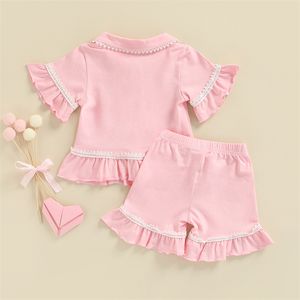 1-7Y Kids Girls Shorts Pajama Set 2023 Summer Lace Ruffle Short Sleeve Lapel Top + Short Pants Children Sleepwear Baby Homewear