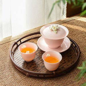 160ml Dehua Lanol​​in Jade White Porcelain Handmade Flowering Pink Cover Bowl KungFu Tea Set家庭用ティーボウルドリンクウェア