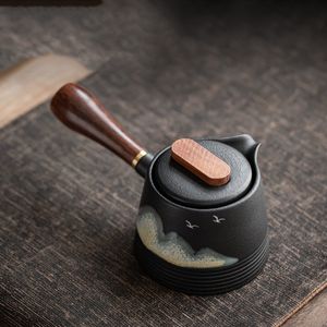 Japanese Balck Coarse Ceramic Teapot Hand Painted Distant Hill Single Pot Tea Maker Teapot Household Kung Fu TeaSet Tea Ceremony