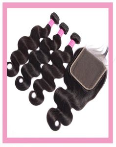 Indian Human Virgin Hair Wave 3 wiązki z koronkowym 6x6 Środkowy trzy części naturalny kolor Whole 1030 cala6923977