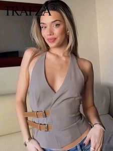 Kadın Tankları Camis Trafza Kadın Moda Kemeri V Yez Sling Tankı Top Zarif Kolsuz Sırtsız Kadın Tank Y2K 2024 Yaz Kadın Tank Top J240409