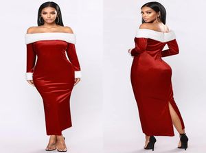 2020 new women039s fashion Party Dresses Christmas midlength dress skirt slit fur stitching bag hip oneshoulder dress9279636