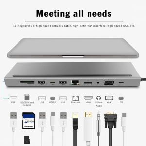 Станции 11IN1 Тип C HUB Расширение док -док -станция HD 4K VGA 3,5 мм Audio RJ45 USB PD Зарядка USB C Hub для ноутбука MacBook