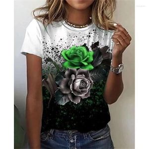 여자 T 셔츠 티셔츠 꽃 인쇄 3D 셔츠 톱 여자 Y2K 의류 여름 짧은 슬리브 티 V- 넥 캐주얼 휴가 여성