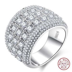 Bandringar Pure 925 Sterling Silver Sparkling Wide Ring lämplig för kvinnor AAA CZ Crystal Wedding Engagement med Stamp Smycken för sommarförsäljning J240410