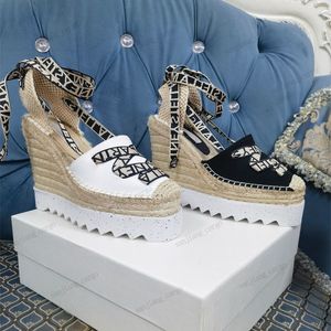 Stella Mccartney High Heels sandal 13cm Staw Platform Women wedge Sandals Casual Shoes straw weave sandal Espadrilles Hemp rope Denim dress shoes